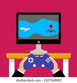 Gaming concept. Man holding in hands gamepad and playing in racing videogame. Flat cartoon style. Vector illustration.
