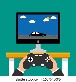 Gaming concept. Man holding in hands gamepad and playing in racing videogame. Flat cartoon style. Vector illustration.