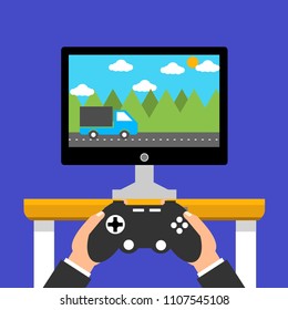 Gaming concept. Man holding in hands gamepad and playing in racing videogame. Flat cartoon style. Vector illustration.
