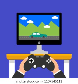 Gaming concept. Man holding in hands gamepad and playing in racing videogame. Flat cartoon style. Vector illustration.