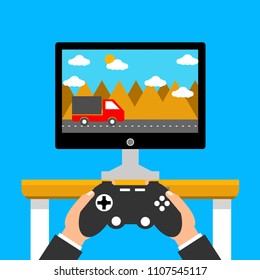 Gaming concept. Man holding in hands gamepad and playing in racing videogame. Flat cartoon style. Vector illustration.