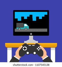 Gaming concept. Man holding in hands gamepad and playing in racing videogame. Flat cartoon style. Vector illustration.
