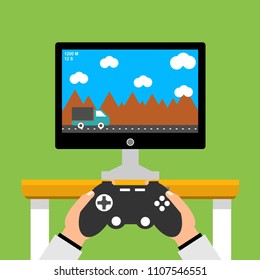 Gaming concept. Man holding in hands gamepad and playing in racing videogame. Flat cartoon style. Vector illustration.