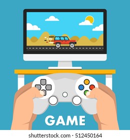 Gaming concept. Man holding in hands gamepad and playing in race videogame. Vector flat illustration.