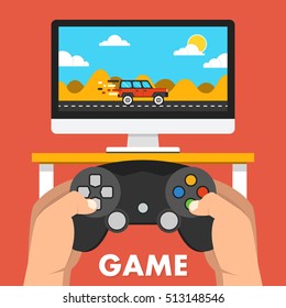 Gaming concept. Man holding in hands gamepad and playing in race videogame. Vector flat illustration.