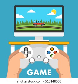 Gaming concept. Man holding in hands gamepad and playing in race videogame. Vector flat illustration.