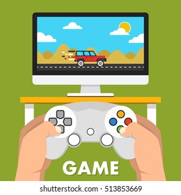 Gaming concept. Man holding in hands gamepad and playing in race videogame. Vector flat illustration.
