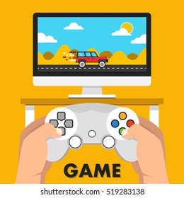 Gaming concept. Man holding in hands gamepad and playing in race videogame. Vector flat illustration.