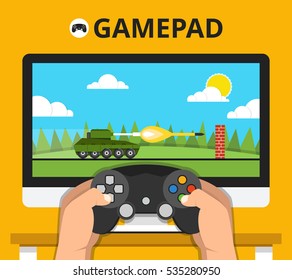 Gaming concept. Man holding in hands gamepad and playing in tank videogame. Vector flat illustration.