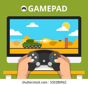 Gaming concept. Man holding in hands gamepad and playing in tank videogame. Vector flat illustration.