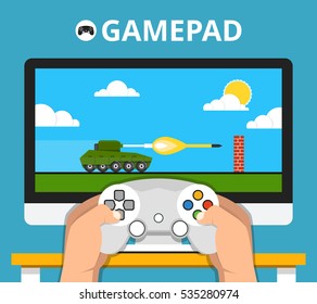 Gaming concept. Man holding in hands gamepad and playing in tank videogame. Vector flat illustration.
