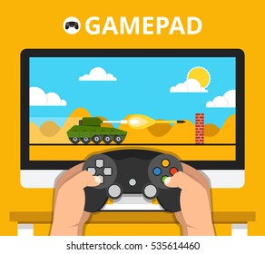 Gaming concept. Man holding in hands gamepad and playing in tank videogame. Vector flat illustration.