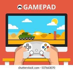 Gaming concept. Man holding in hands gamepad and playing in tank videogame. Vector flat illustration.