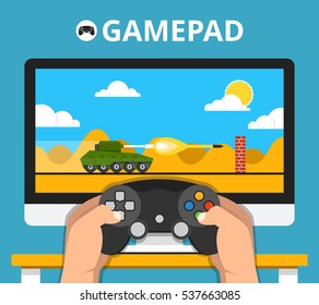 Gaming concept. Man holding in hands gamepad and playing in tank videogame. Vector flat illustration.