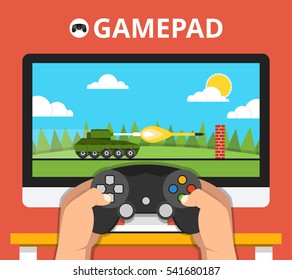 Gaming concept. Man holding in hands gamepad and playing in tank videogame. Vector flat illustration.
