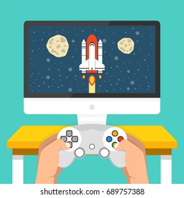 Gaming concept. Man holding in hands gamepad and playing in rocket videogame. Flat cartoon style. Vector illustration.