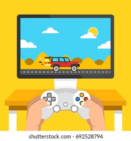 Gaming concept. Man holding in hands gamepad and playing in racing videogame. Flat cartoon style. Vector illustration.