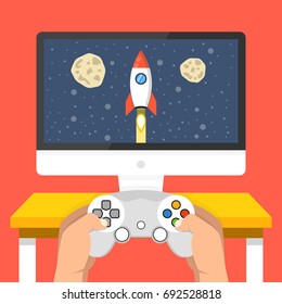 Gaming concept. Man holding in hands gamepad and playing in rocket videogame. Flat cartoon style. Vector illustration.