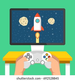 Gaming concept. Man holding in hands gamepad and playing in rocket videogame. Flat cartoon style. Vector illustration.