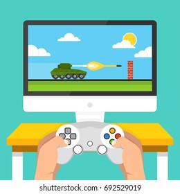 Gaming concept. Man holding in hands gamepad and playing in tank videogame. Flat cartoon style. Vector illustration.