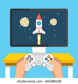 Gaming concept. Man holding in hands gamepad and playing in rocket videogame. Flat cartoon style. Vector illustration.