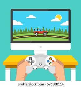 Gaming concept. Man holding in hands gamepad and playing in racing videogame. Flat cartoon style. Vector illustration.