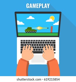 Gaming concept. Man playing on a laptop in tank videogame. Vector flat illustration.
