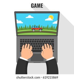 Gaming concept. Man playing on laptop in race videogame. Vector flat illustration.