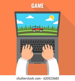 Gaming concept. Man playing on laptop in race videogame. Vector flat illustration.
