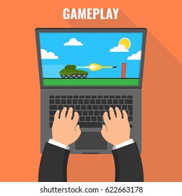 Gaming concept. Man playing on a laptop in tank videogame. Vector flat illustration.