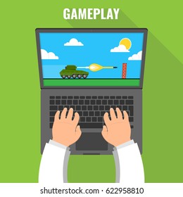 Gaming concept. Man playing on a laptop in tank videogame. Vector flat illustration.