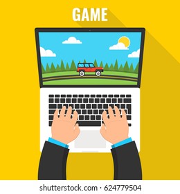 Gaming concept. Man playing on laptop in race videogame. Vector flat illustration.
