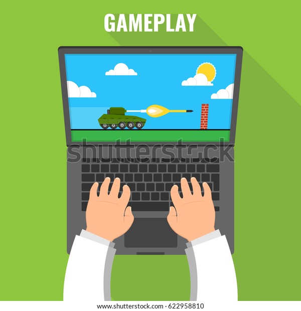 Gaming concept. Man playing on a laptop in\
tank videogame. Vector flat\
illustration.