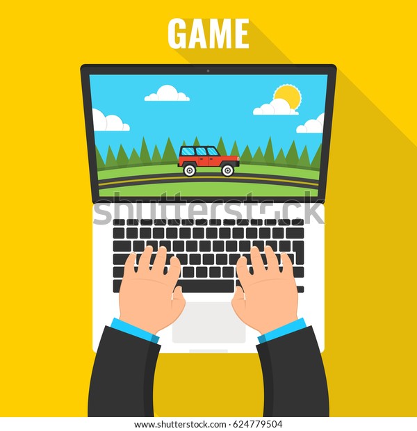 Gaming concept. Man playing on laptop in\
race videogame. Vector flat\
illustration.