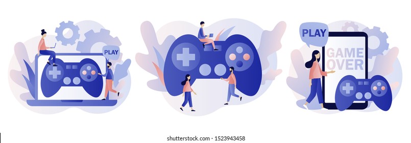 Gaming concept. People gamers playing online video game. Modern flat cartoon style. Vector illustration