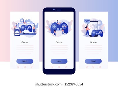 Gaming concept. People gamers playing online video game. Screen template for mobile smart phone. Modern flat cartoon style. Vector illustration