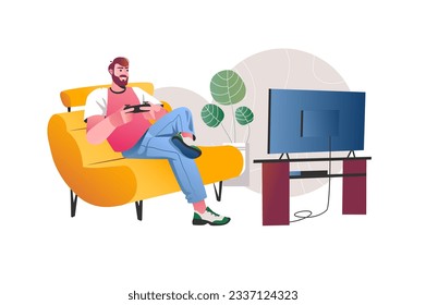 Gaming concept with people scene in the flat cartoon style. The man is resting and playing computer games. Vector illustration.