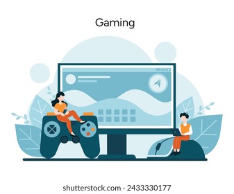 Gaming concept. Players engrossed in virtual adventures, showcasing the excitement of interactive gaming and the digital world's immersive experiences. Vector illustration