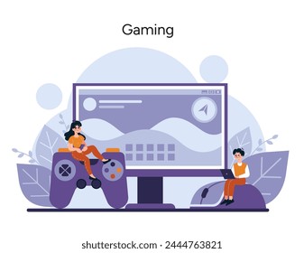 Gaming concept. Players are immersed in a digital landscape, interacting with a massive console and computer, symbolizing the thrill of virtual worlds. Vector illustration