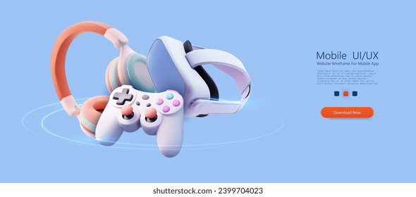 Gaming concept. Sleek Virtual Reality Headset and Game Controller with Holographic Projection on a Blue Background. Vector illustration