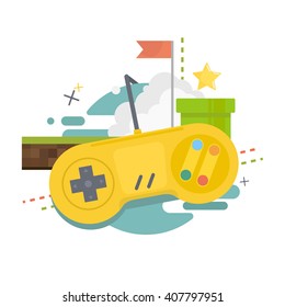 Gaming Concept. Video Game Console,gamepad With Elements Of The Games. Vector Illustration Of Flat Design