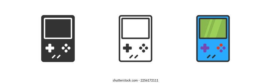 Gaming console icon on light background. Vintage 8-bit games symbol. Retro game gadget sign. Outline, flat, and colored style. Flat design. 