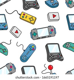 Gaming console in seamless pattern with coloful doodle style