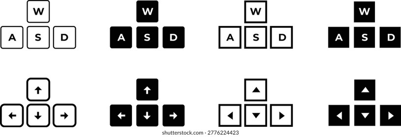 Gaming control keys set with wasd and arrow buttons, modern vector Illustration