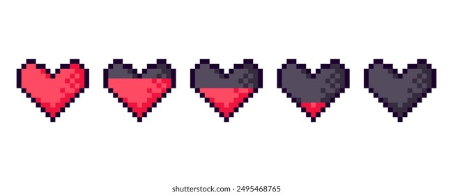 Gaming controller, 8 bit health heart bar, Pixel game life bar.