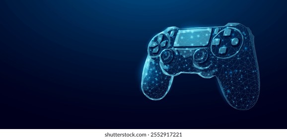 Gaming controller, glowing blue lowpoly wireframe joystick on a dark background. Vector illustration design concept for game development technology and the video game industry.