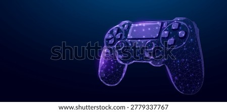 Gaming controller, glowing lowpoly wireframe joystick on a dark background. Vector illustration design concept for game development technology and the video game industry.