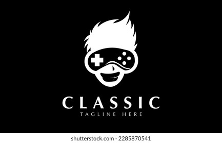 Controlador de juegos con cabeza o logotipo de cabeza de jugador monograma abstracto plantilla de icono vectorial
