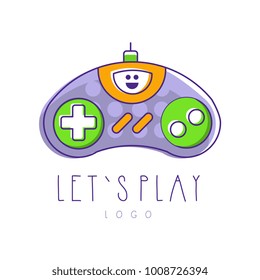 Gaming controller logo. Let s play. Gamepad icon. Vector design for device store, mobile app or developer company. Line art with purple, green and orange fill