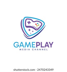 Gaming controller and play media symbol combination. Modern minimalist logo symbol template.